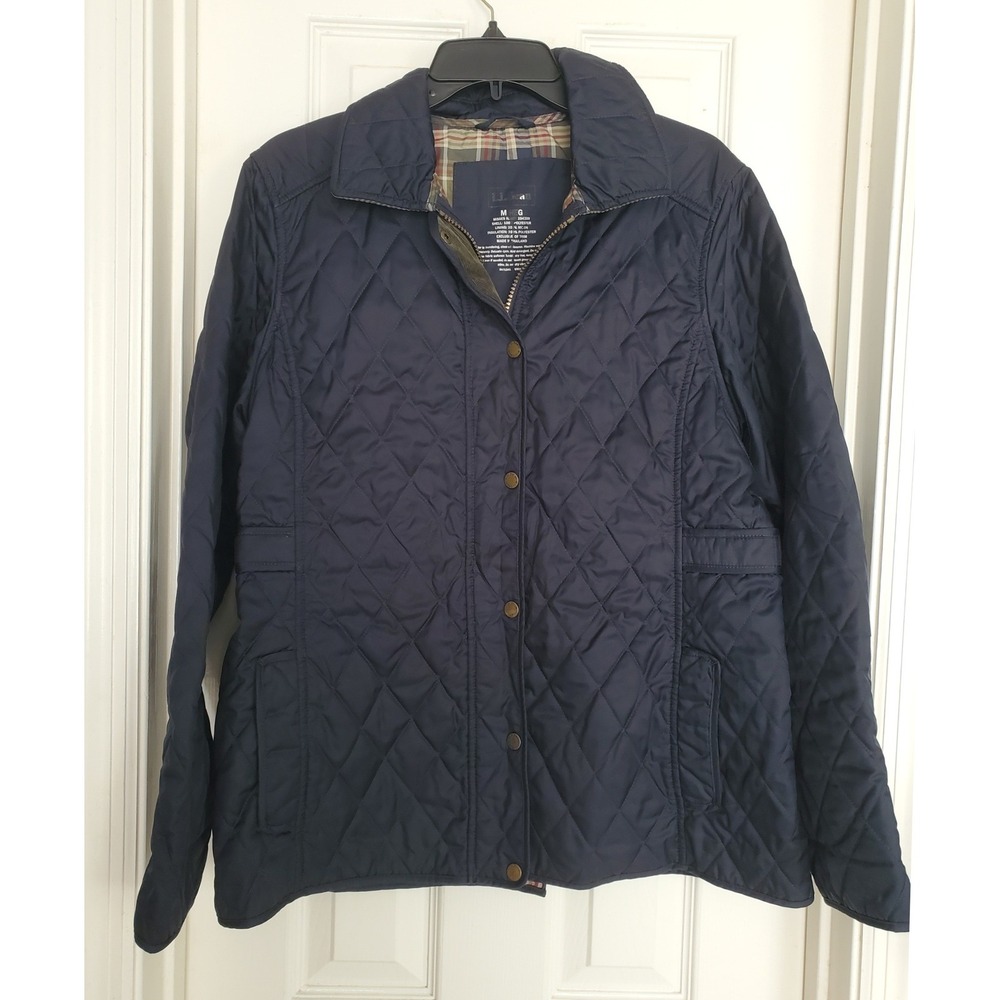 LL Bean Quilted Riding Jacket Navy Blue Plaid Lining Corduroy Trim Coat Medium